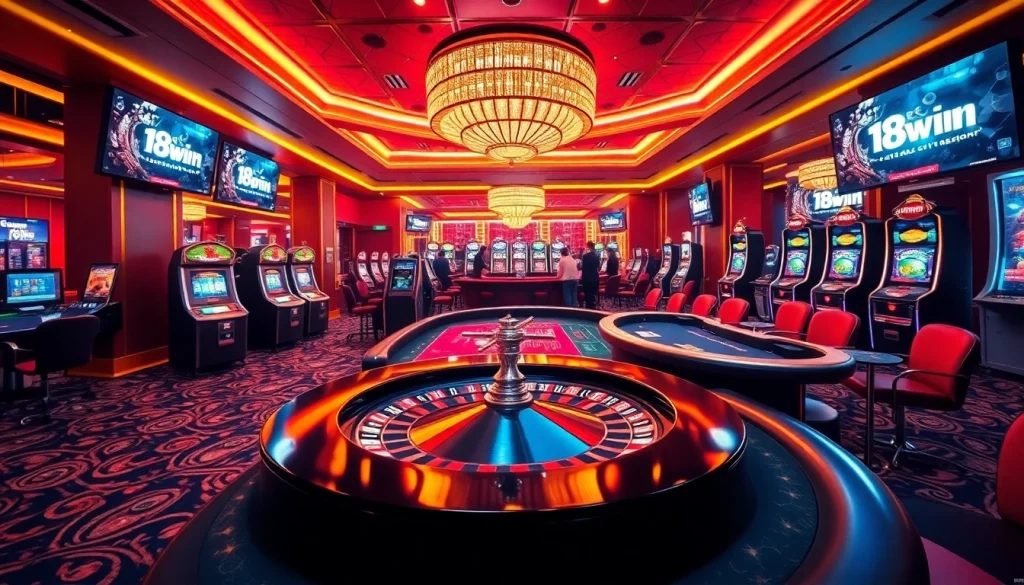 Engaged players enjoying high-stakes games at 18win's luxurious casino with roulette and poker setups.
