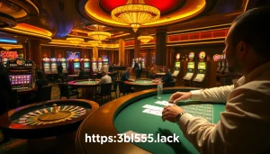 Players enjoying the excitement of gambling at https://bl555.black casino tables with colorful chips and vibrant lights.