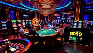Exciting casino visuals featuring go99.com with poker tables and slot machines.
