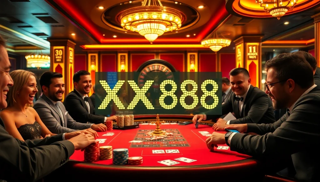 Players enjoying a thrilling poker game at a luxurious casino table, featuring XX88 prominently.