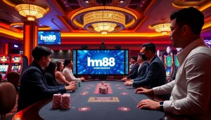 Playing the hm88 game at a luxurious casino with vibrant lights and professional atmosphere.