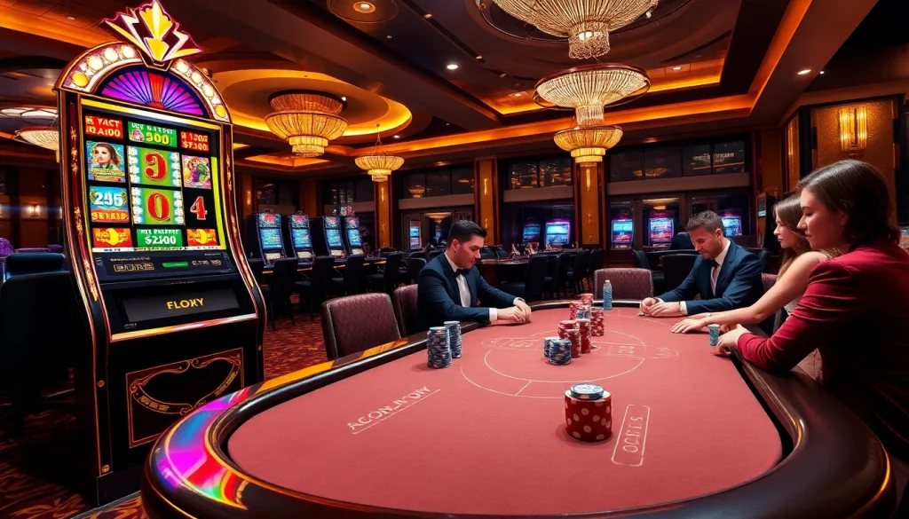 Exciting casino scene showcasing players engaging at https://99win1.us.com/ with poker chips, slot machines, and roulette wheels.