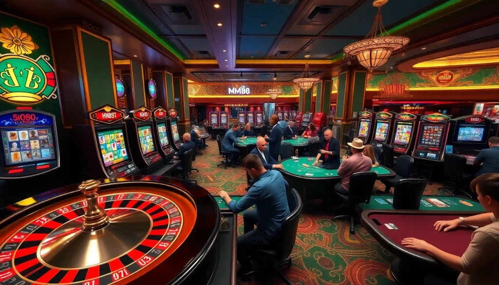Excited players engaging with the high-stakes hm88 game in a luxurious casino setting.