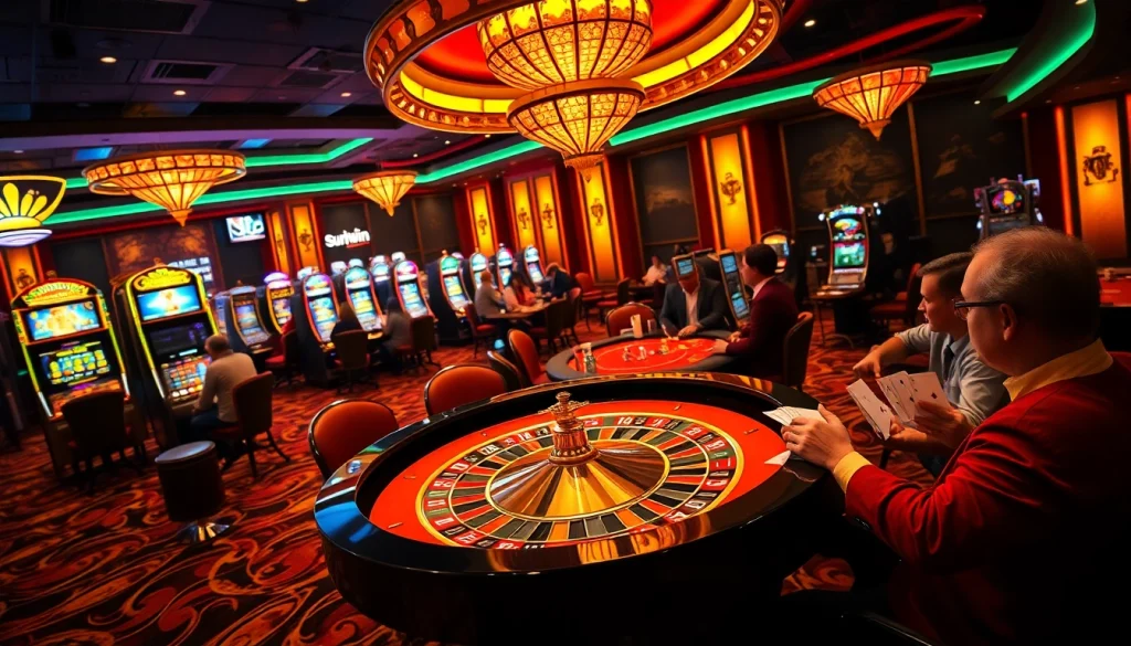 Sunwin gaming lounge showcasing vibrant slot machines and excited players at the table.