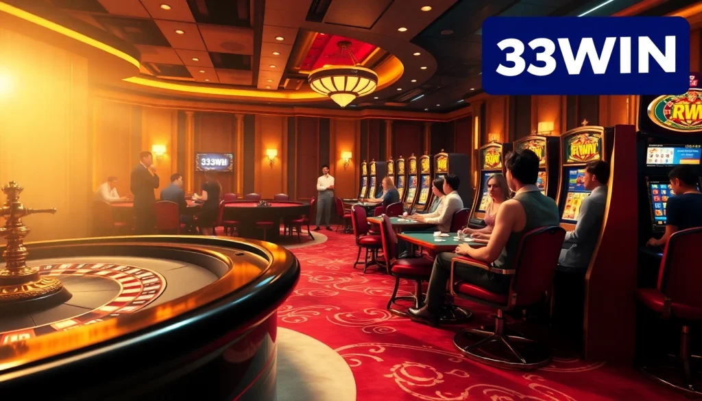 Excited gamblers enjoying a thrilling moment at 33WIN casino tables with vibrant visuals.