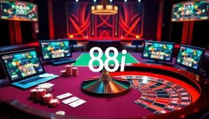 Experience the excitement of casino gaming with 88i's vibrant poker chips and roulette wheel.