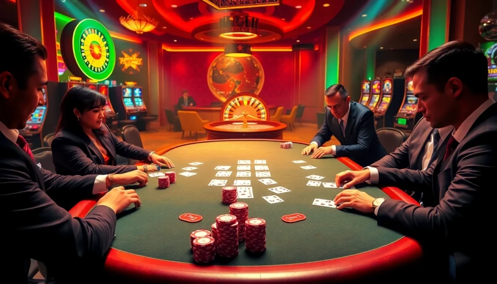 High-stakes poker scene illustrating gameplay on king33.io with luxurious casino elements like chips and cards.