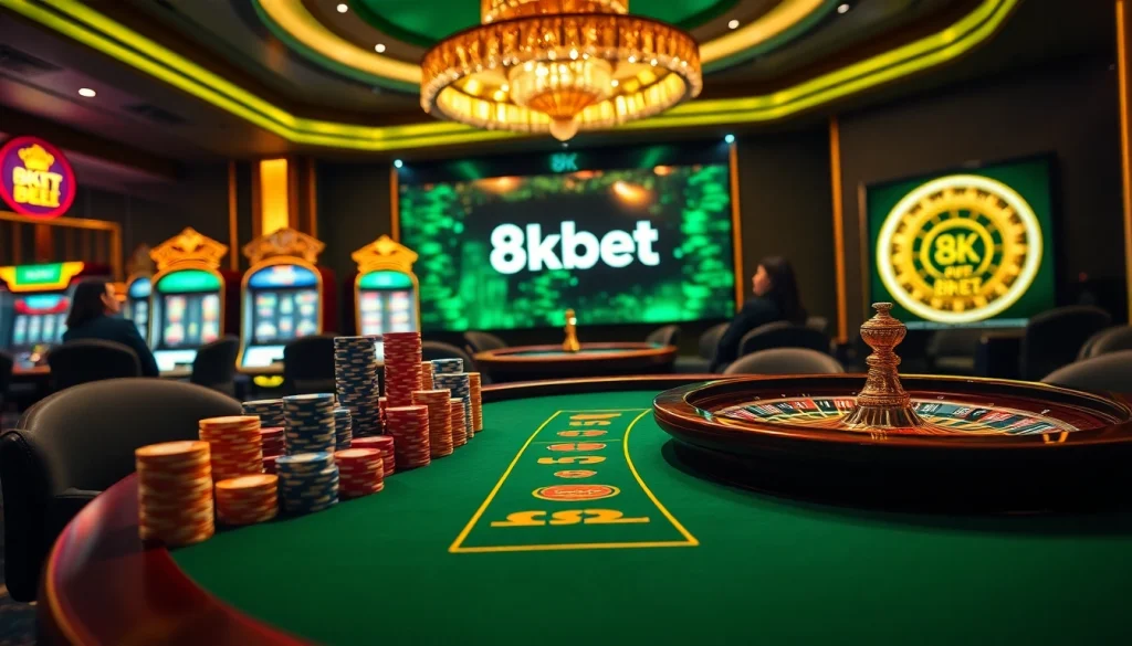 Players at a stylish poker table with vibrant chips and the 8kbet logo, immersed in a thrilling casino experience.