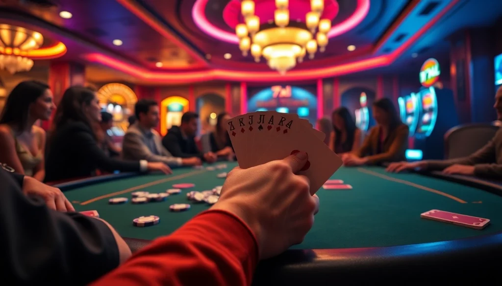 A poker game in an exciting casino setting featuring 7xl branding, showcasing players and poker chips.
