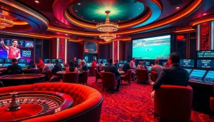 Plush sports betting area showcasing kèo bóng đá odds with engaging gamblers and vibrant ambiance.