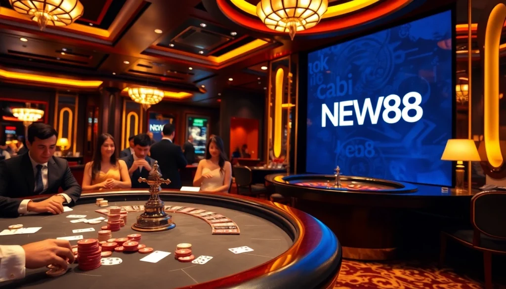 Engaging gaming scene with players at a poker table, showcasing nhà cái NEW88's lively atmosphere and casino excitement.