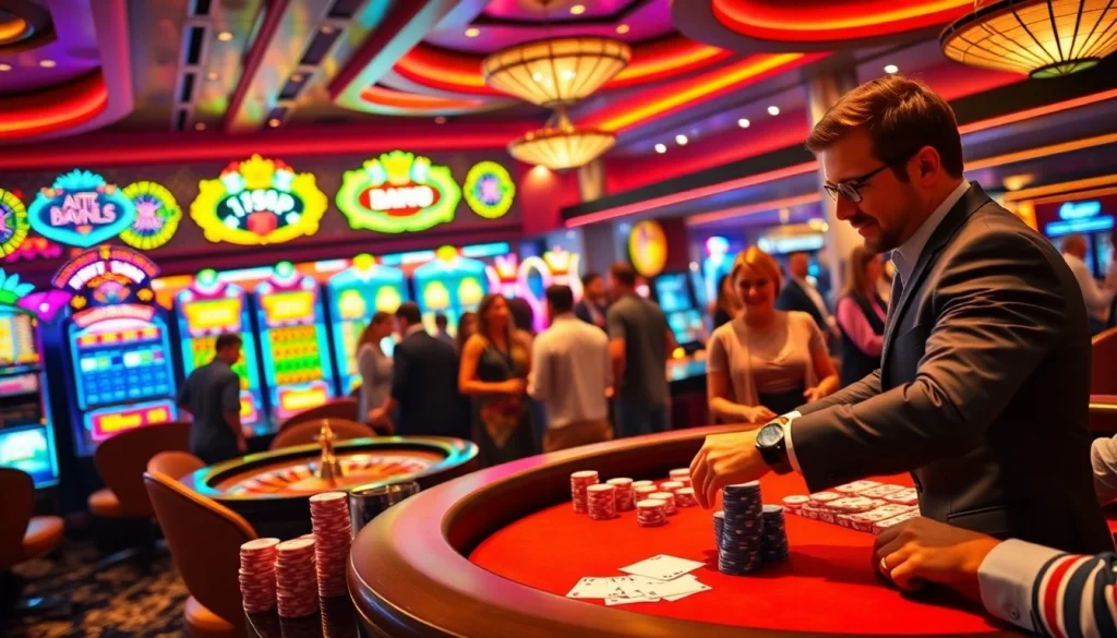 Exciting casino gaming scene featuring 789p players at tables and slot machines.