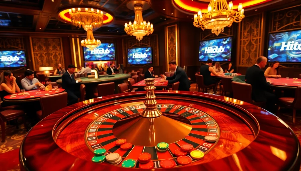 Hitclub's thrilling casino atmosphere with elegant roulette and engaged players enjoying the excitement.