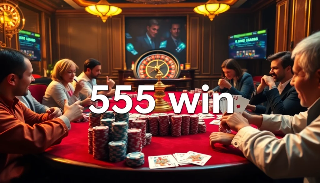 The excitement of the casino with players at a poker table and 555win branding, showcasing vibrant chips and cards.