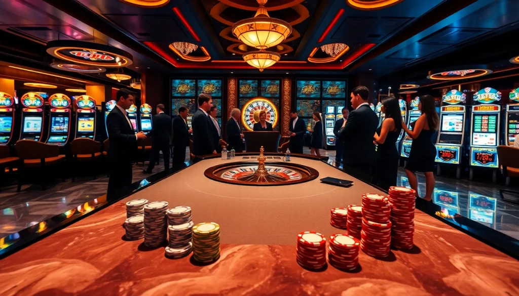 Experience vibrant gaming action at 789CLUB with poker tables, roulette wheels, and eager players.