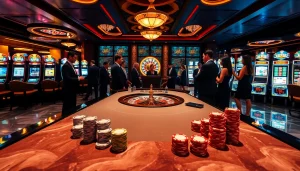 Experience vibrant gaming action at 789CLUB with poker tables, roulette wheels, and eager players.