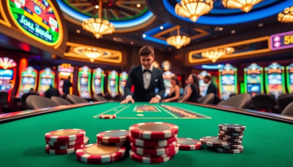 C168 BET themed casino table with vibrant poker chips, professional dealer, and glamorous slot machines.