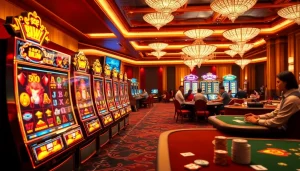 Engaging players experiencing the thrill of slot88 at an opulent casino with vibrant slot machines.