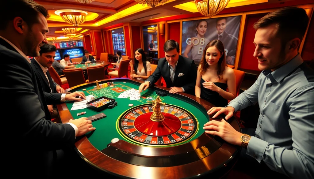 Gamblers enjoying a vibrant Go88-themed table at a luxury casino, highlighting excitement and strategy.