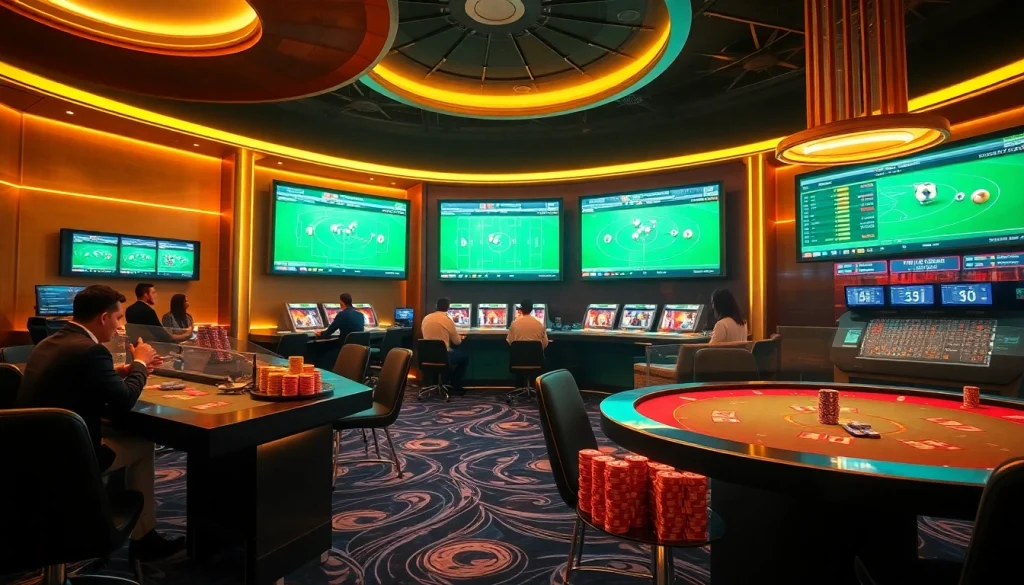 Engaging scene of a sports betting area with vibrant แทงบอล displays and casino excitement.