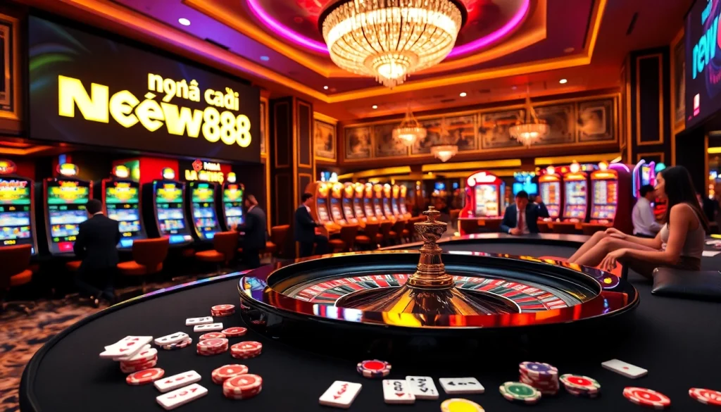 Experience the excitement at nhà cái NEW88 with vibrant casino tables and lively gamblers.