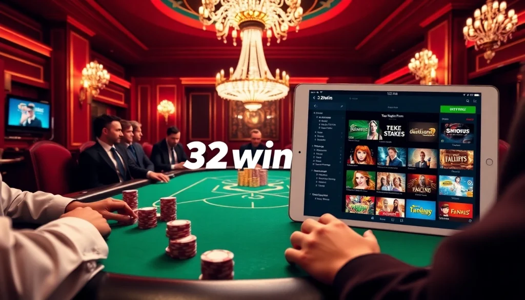Engaged players enjoying poker at a luxurious casino table featuring 32win.