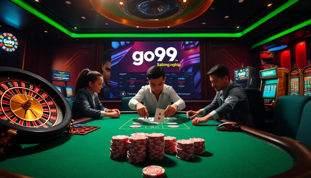 Experience excitement at go99 đăng nhập with a vibrant casino scene featuring poker and roulette.