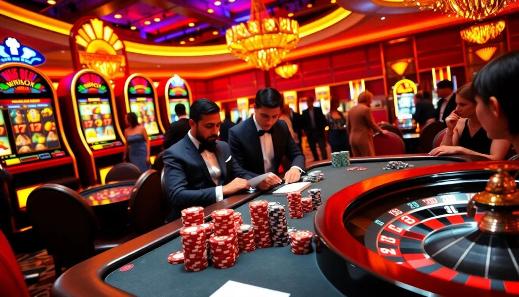 Players engaging in high-stakes poker at a glamorous casino scene representing win55 excitement.