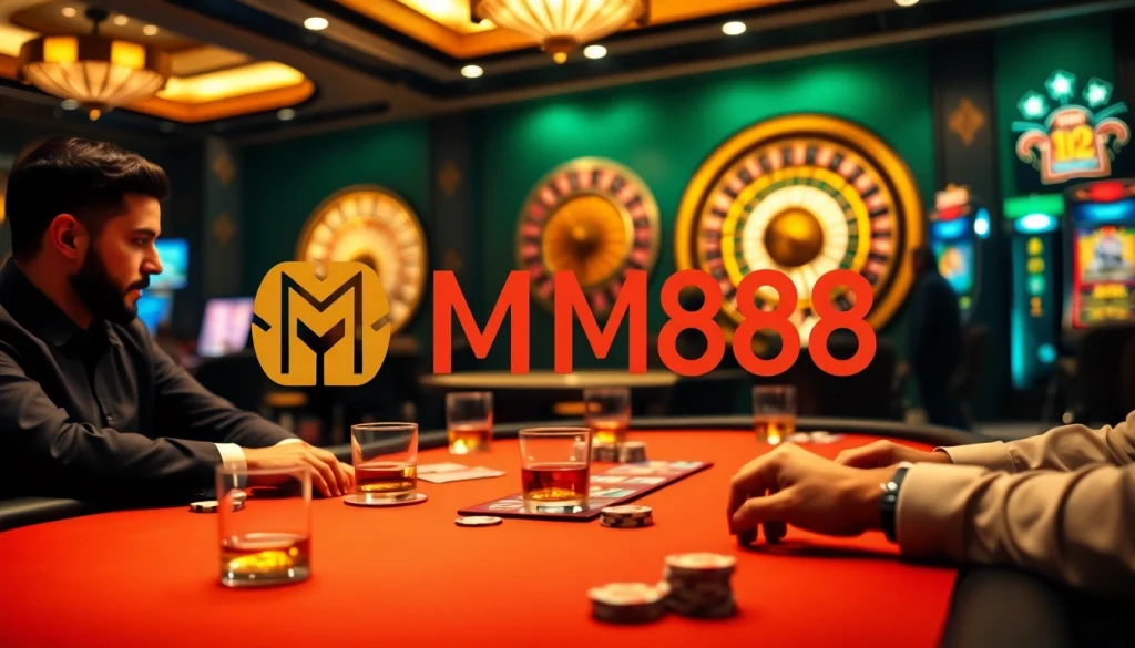 Players engaging in a thrilling poker game at MM88 casino, highlighting luxury and excitement.