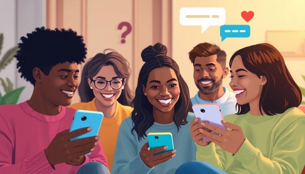 مشهد دردشة افتراضية جذاب يعرض شات تعب قلبي مع أفراد متنوعين يستمتعون بالمحادثة.