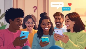 مشهد دردشة افتراضية جذاب يعرض شات تعب قلبي مع أفراد متنوعين يستمتعون بالمحادثة.