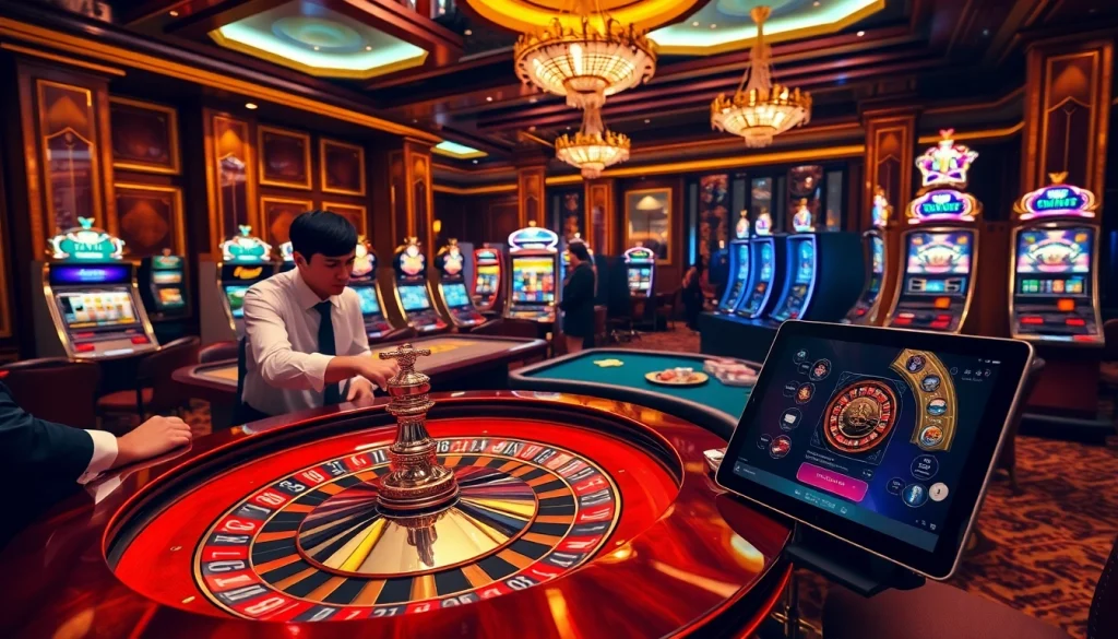 Experience the excitement at https://abc8.luxury/ with a vibrant luxury casino scene featuring roulette and slot machines.