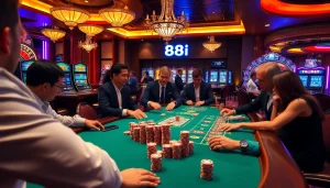 Casino scene at 88i with players betting at a poker table, surrounded by luxurious slot machines.