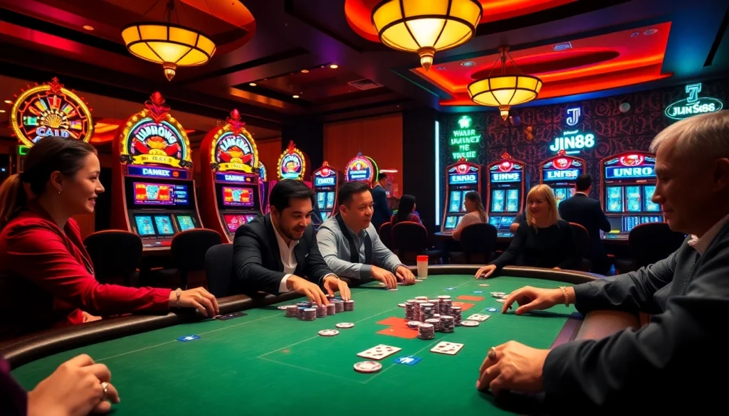Experience the thrill of Jun88 Casino with engaging poker tables and vibrant slot machines.
