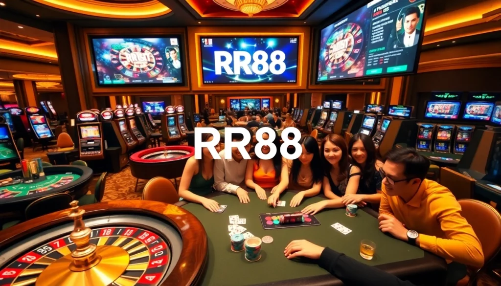 Experience the thrill of gambling at RR88 casino with vibrant tables and excited players.