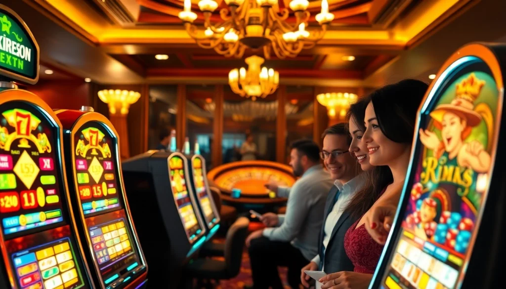 Experience NK88 gaming excitement with vibrant slot machines and bustling casino players.