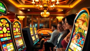 Experience NK88 gaming excitement with vibrant slot machines and bustling casino players.