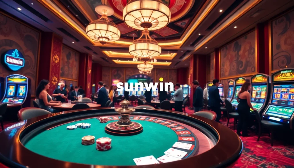 Exciting gameplay at sunwin casino with a glamorous roulette table and enthusiastic players.