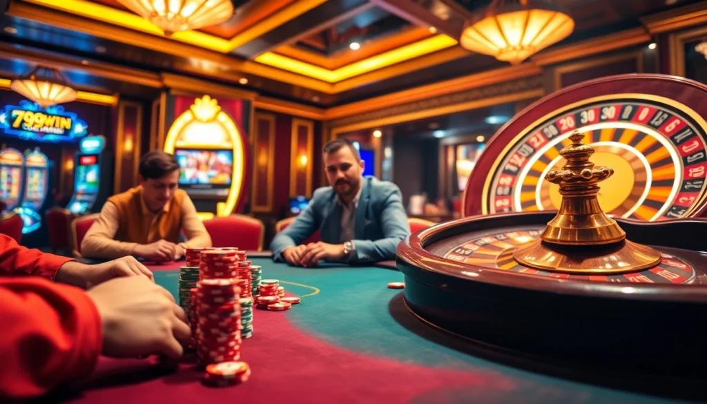 Players enjoying a thrilling game at 789win casino with vibrant poker chips and an exciting atmosphere.