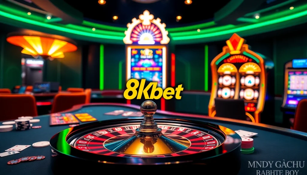Engaging gaming scene showcasing nhà cái 8kbet facilities with roulette, poker chips, and cards.