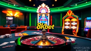 Engaging gaming scene showcasing nhà cái 8kbet facilities with roulette, poker chips, and cards.