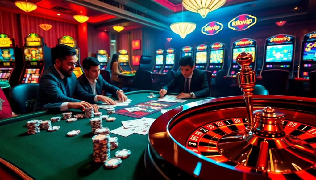 Players enjoying a high-stakes poker game at a luxurious casino table, featuring elements inspired by Rikvip.