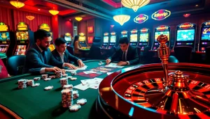 Players enjoying a high-stakes poker game at a luxurious casino table, featuring elements inspired by Rikvip.