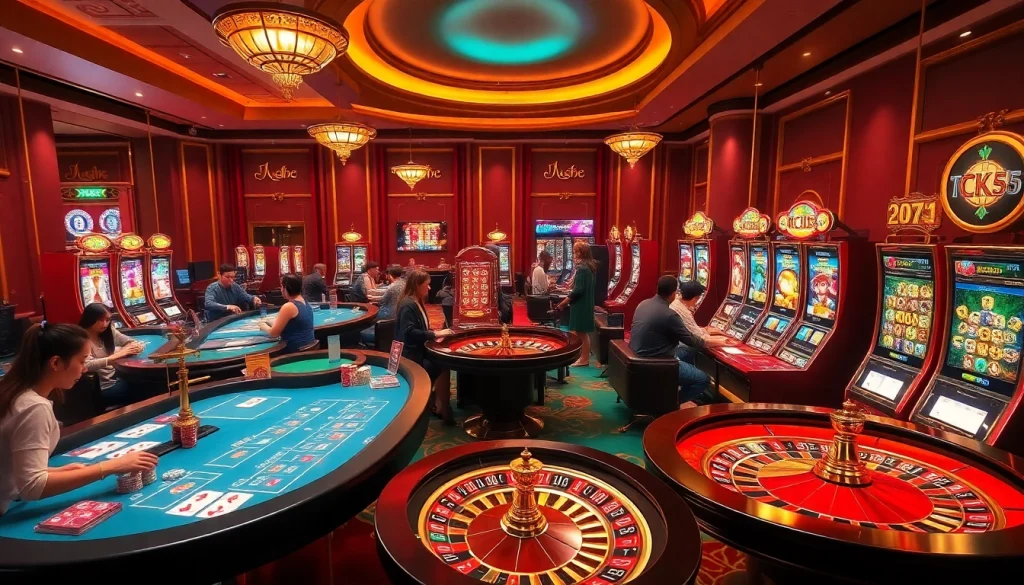 Experience the excitement of Trang Chủ KK55 with vibrant casino elements like cards, chips, and roulette.