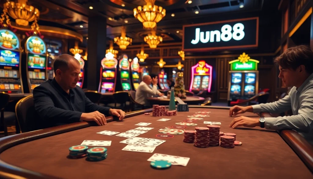 Excited players enjoy a high-stakes poker game at Jun88's luxurious casino.
