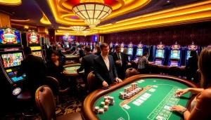 Players engaging in exciting games at MM88 casino with vibrant tables and luxury décor.