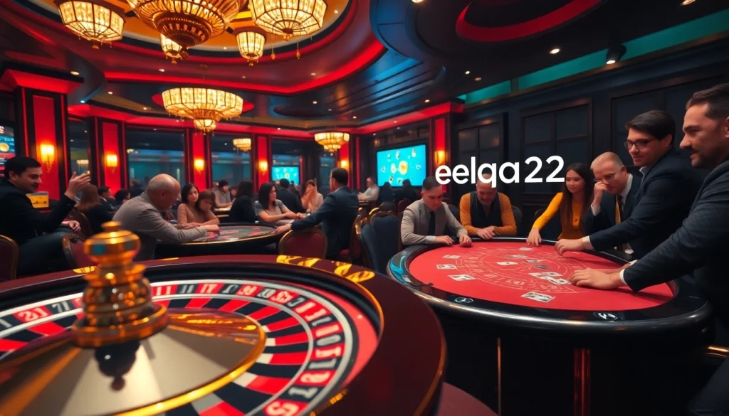 Experience the thrill of elang212 at a luxury casino with vibrant games and players strategizing.