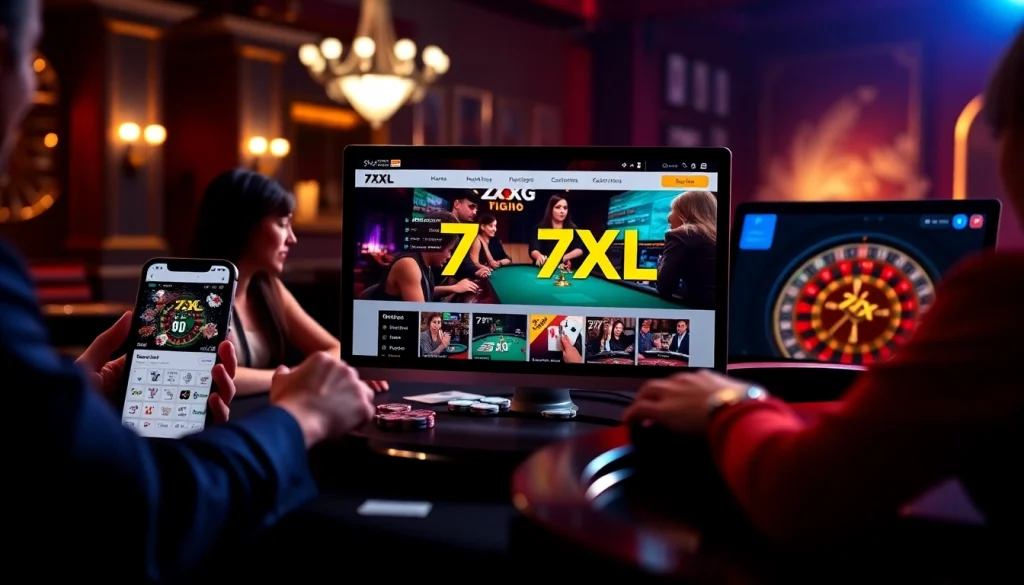 סצנת הימורים מקוונים מרהיבה עם 7xl להורדה על מכשירים שונים, המציגה פוקר ופעילות קזינו.