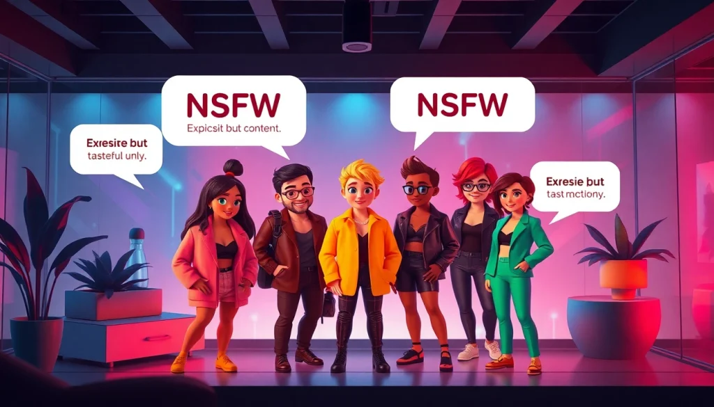 NSFW AI chat scene with colorful characters engaging in dialogue.