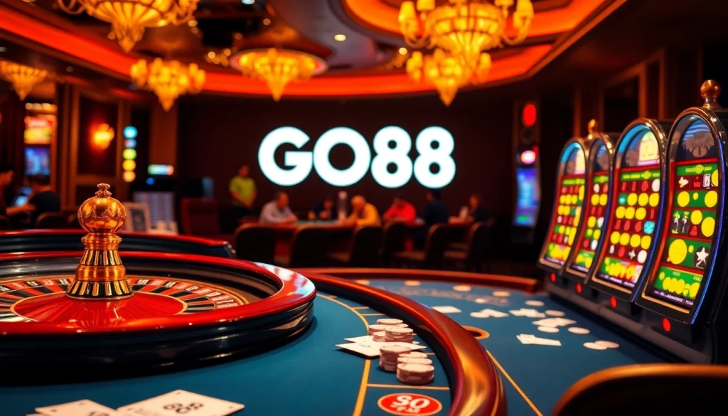 GO88 casino scene featuring poker table, roulette wheel, and vibrant slot machines.